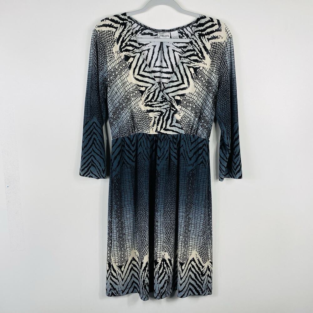 Chico's Dress Medium 1 8 Reptile Print Surplice 3/4 Sleeve Stretch Made In USA
